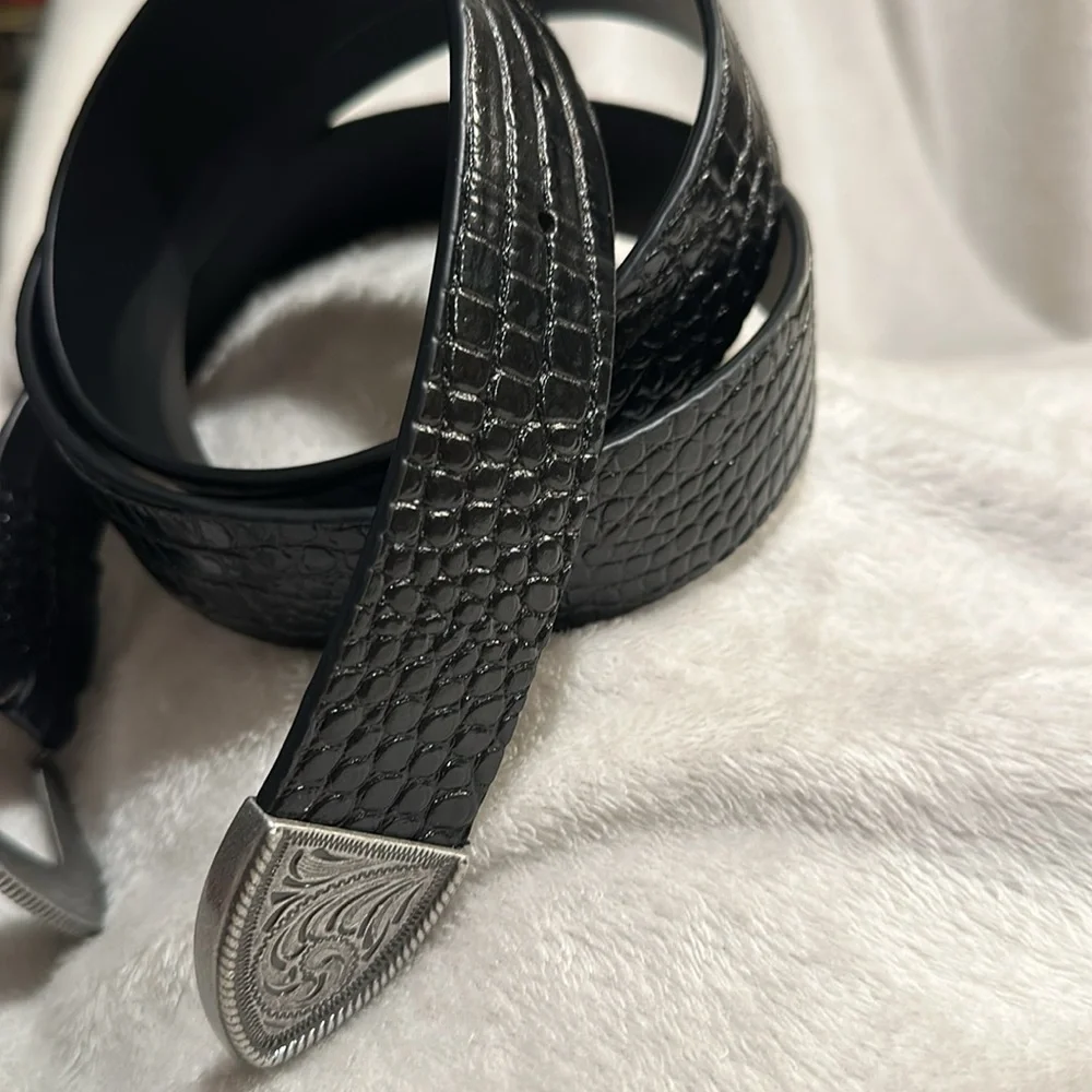 Beautiful Lauren Ralph Lauren Black Leather Belt, Western Motif Silver Buckle 1X
